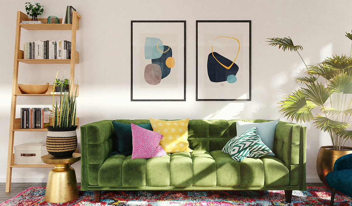 Colorful living room decorated using consignment furniture.
