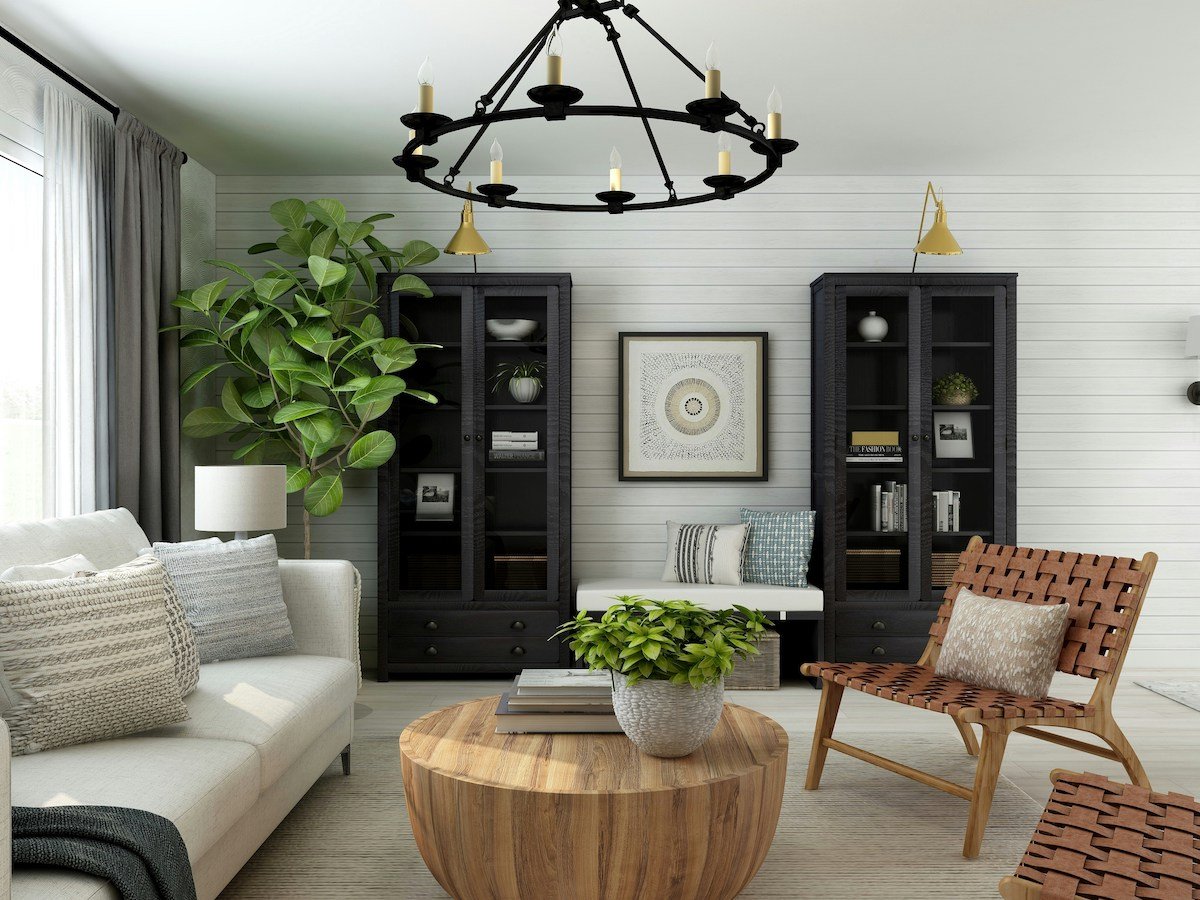 Living room designed in the modern farmhouse style with furniture similar to Bob's furniture
