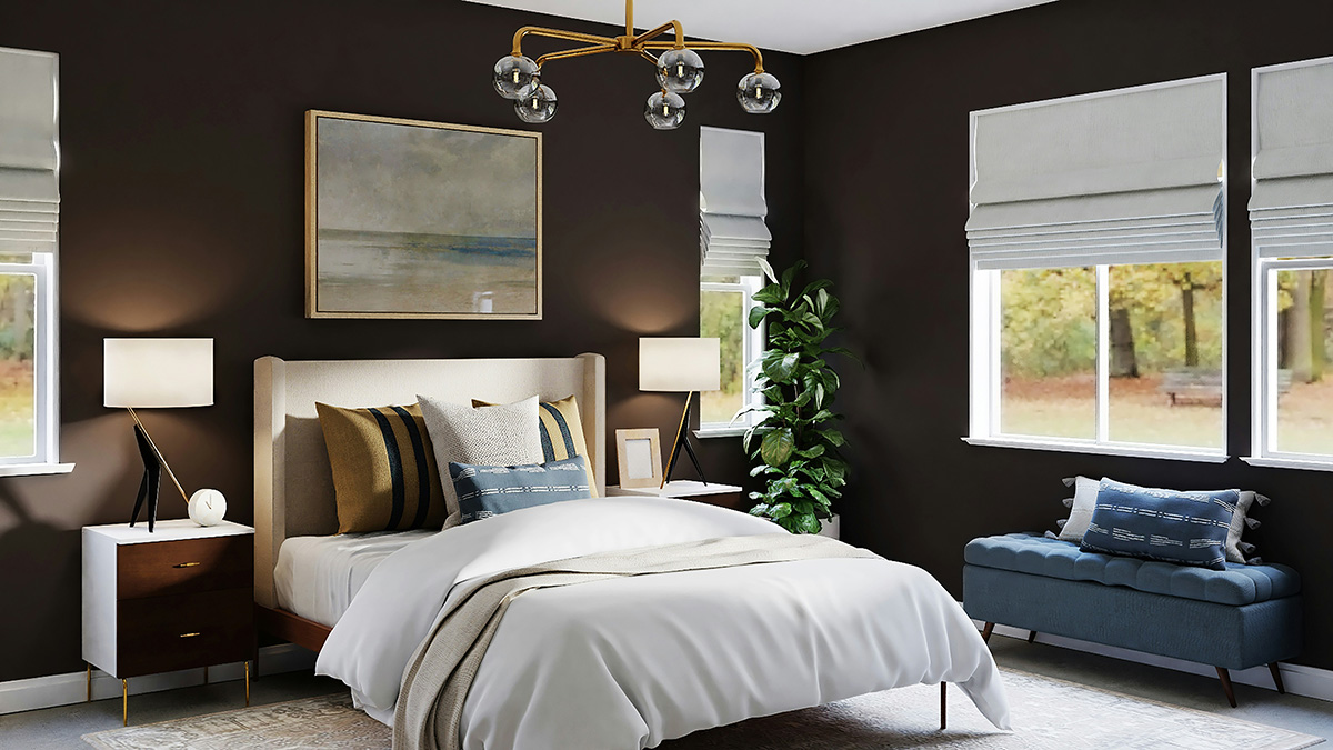 Dark brown bedroom with light bed and painting