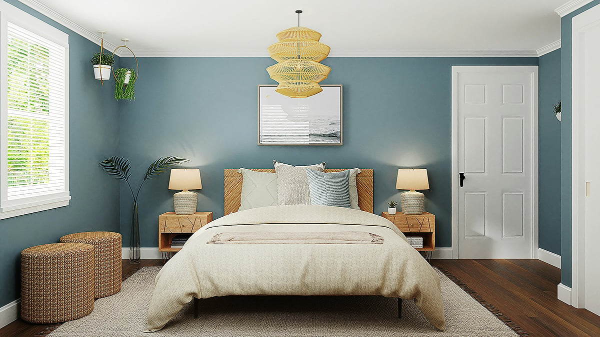 Blue accent wall bedroom design with serene appearance