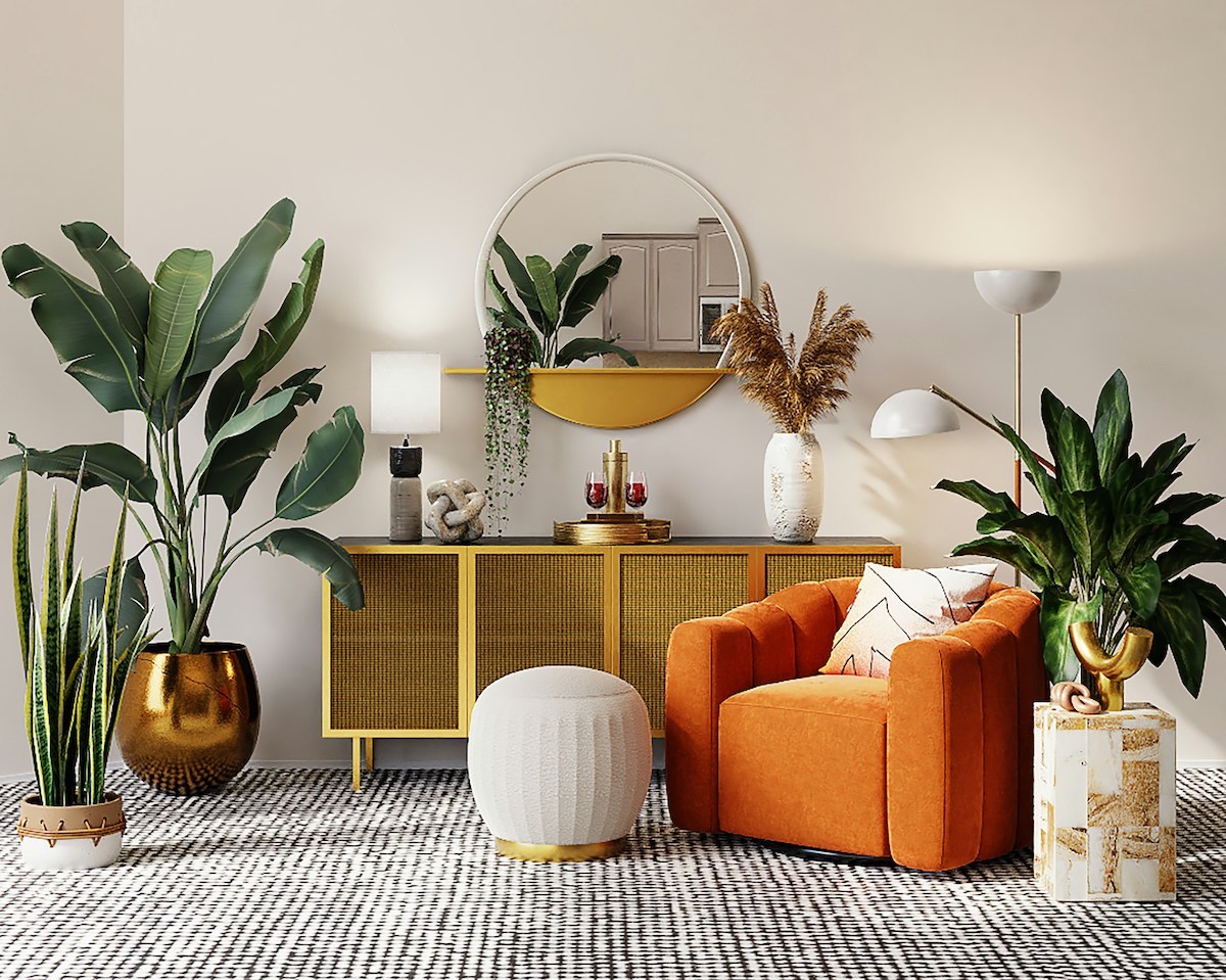 Bright, colorful living room with an orange chair